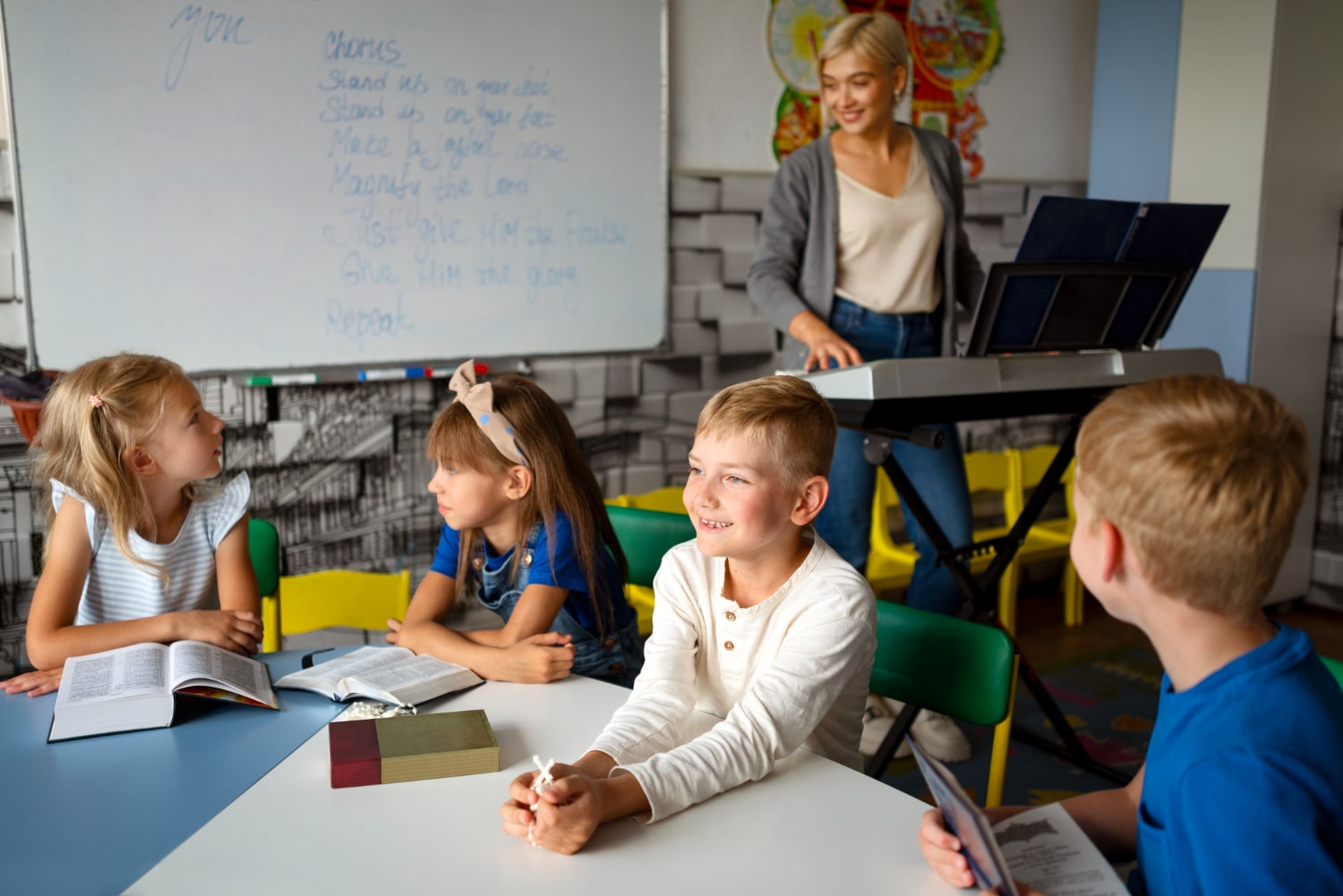 side-view-smiley-kids-sitting-table